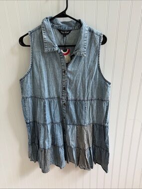 (112)Young Threads Light Wash Denim Sleeveless Tiered Tunic